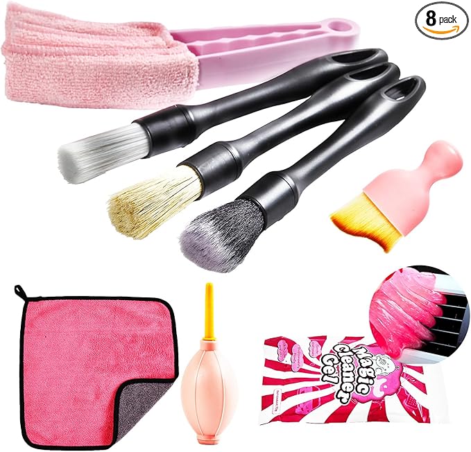 Car Detailing Brush Set, 8PCS Pink Auto Cleaning Kit – Soft Bristle Brushes, Dust Blower, Cleaning Gel, Microfiber Towel – for Interior & Exterior, Dashboard, Air Vents, Wheels, Car Cleaning Supplies