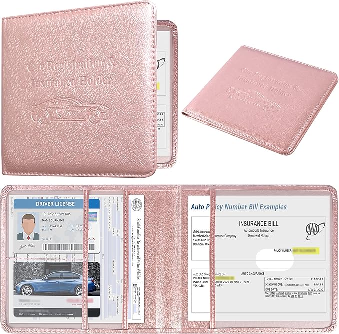 DMLuna Car Registration and Insurance Holder, Folio Leather Vehicle Card Document Glove Box Organizer, Auto Truck Compartment Accessories for Essential Information, Driver License Cards, Rose Gold