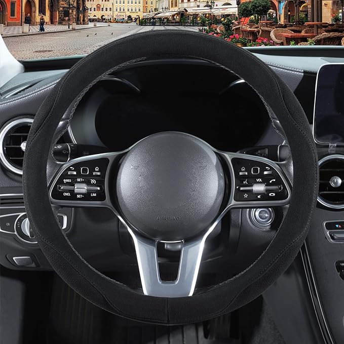 Black Suede Steering Wheel Cover, Breathable Non-Slip Sweat-Proof Wear-Resistant No Pilling, Warm in Winter and Cool in Summer, Universal 15 inch