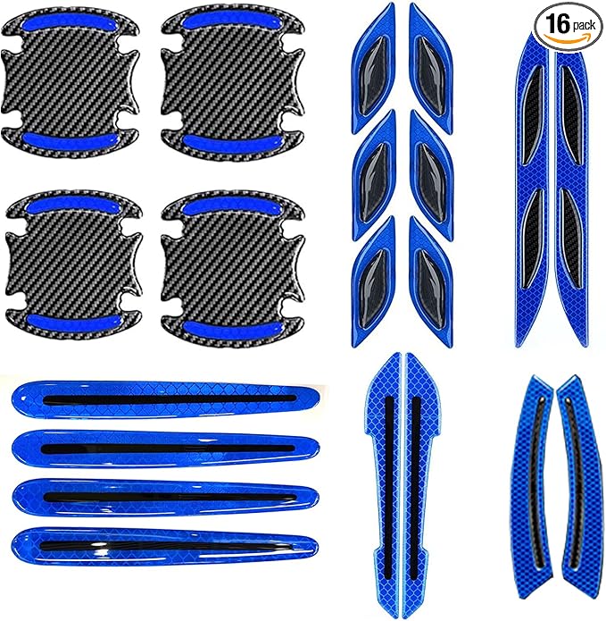 16 Piece Reflective Car Sticker Set Mirror Warning Sticker Car Door Handle Protector Reflective Self-Adhesive and Scratch Free Paint Protective Film (Blue)