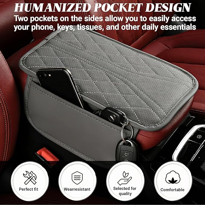 KoiLuvGo Upgraded Car Center Console Cover, Leather Auto Armrest Cover with 2 Storage Bags, Waterproof Center Console Protective Pad, Universal Cars Armrest Storage Box for Sedan, SUV, Truck (Gray)