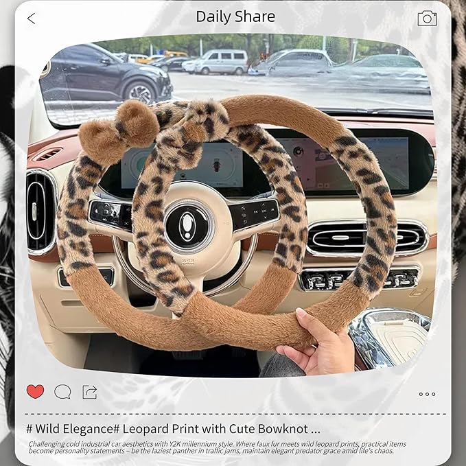 Car Steering Wheel Cover with Leopard Print & Cute Bowknot Soft Anti-Slip Y2K Retro Luxury Fluffy Fur Car Interior Accessory (Brown)