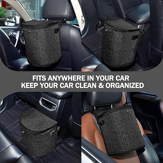 Black Leopard Car Trash Can Animal Skin Print Car Garbage Bag with Lid Hanging Waterproof Leak Proof Vehicle Storage Bin