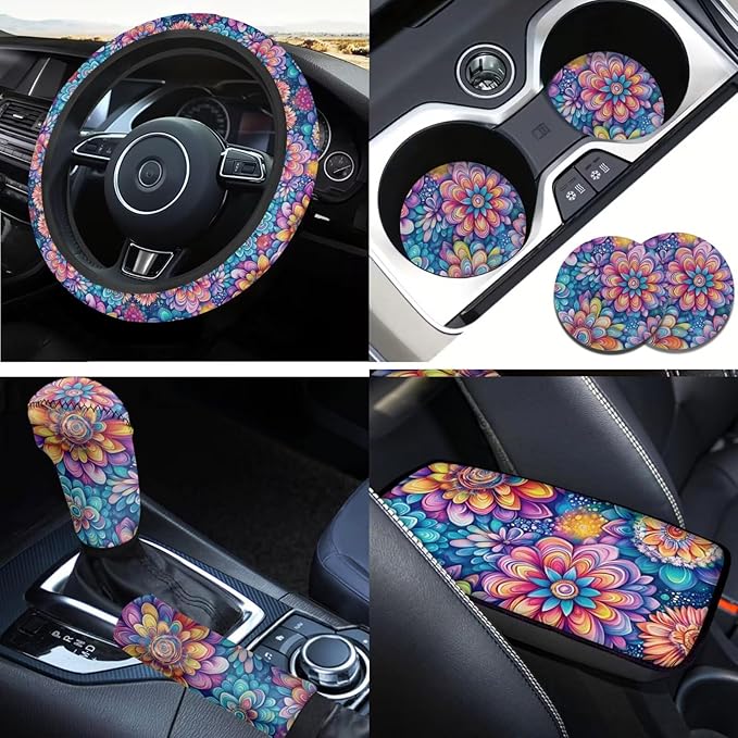 Hippies Car Accessories for Men Women Steering Wheel Cover Blossom Lotus Flower Print Handbrake Gear Cover Armreat Cushion Car Interior Decor Protector Fit for SUV Truck Sedan