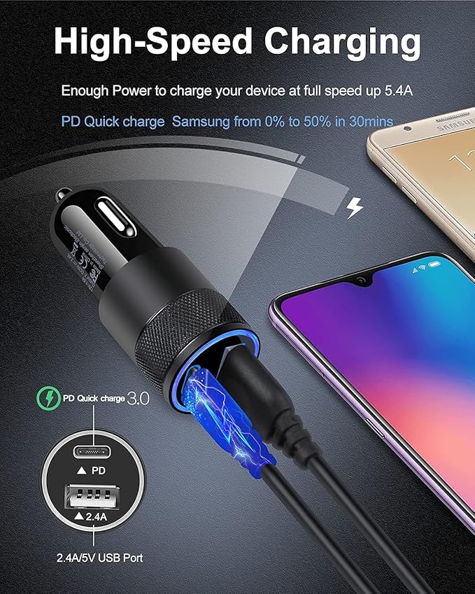 AILKIN 30W PD USB C Car Charger, USB Type C Fast Power Charging Block Dual Port USBA & USBC Plug Cargador Carro Lighter Adapter for iPhone, iPad, Samsung Galaxy, LG, Google Pixel, Moto, USB-C Port