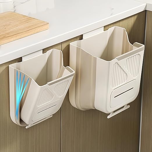 Hanging Kitchen Trash Can, Collapsible Trash Can for Kitchen, 2.1 Gallon Foldable Waste Bin for Kitchen/Bathroom/Car (White), Pe038-trashcan-White