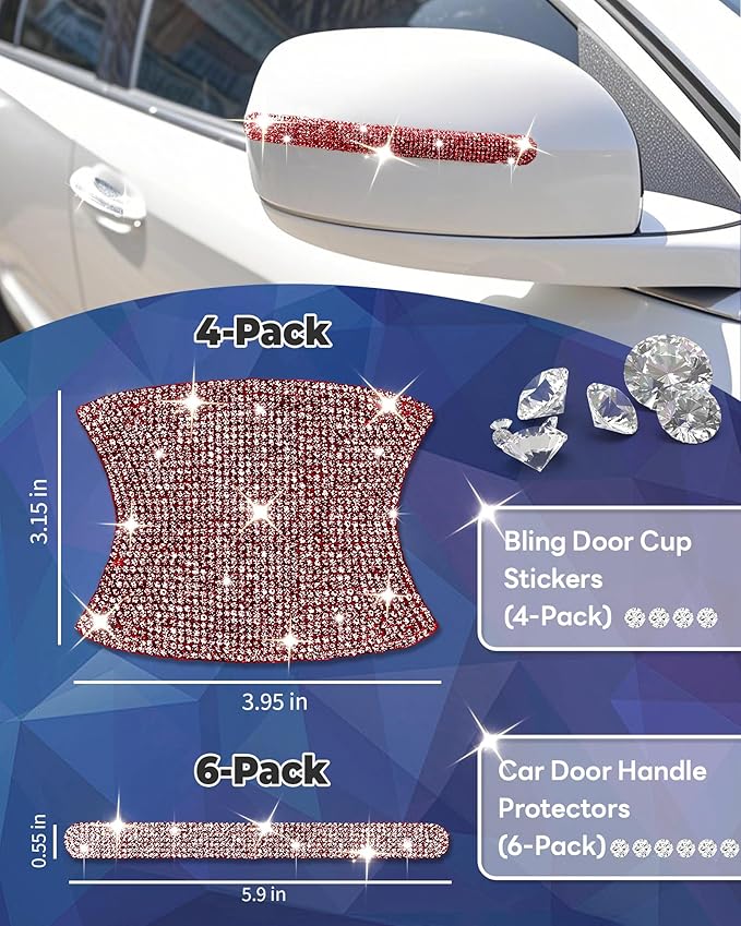 Bling Car Door Handle Protector, 10 PCS, Red Sparkling Rhinestone Cars Door Protective Cover, Anti-Scratch Auto Handles Sticker, Universal Bling Car Accessories for Women