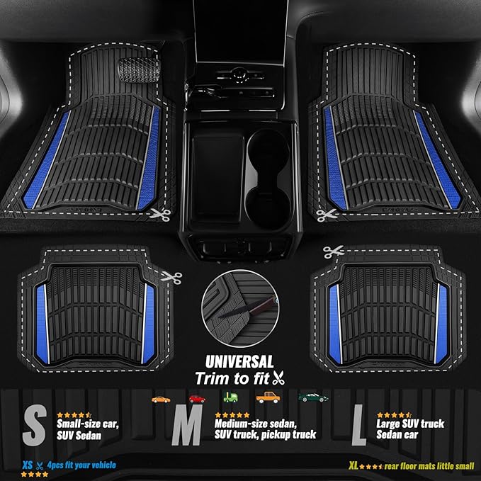 CAR PASS Heavy Duty Rubber Car Floor Mats, Deep Waterproof Car Floor Mats All Weather, Aluminum Film Floor Mats for Cars Non-Slip Universal Trim to Fit for SUVs Trucks Sedans Vans, Black Blue Metallic