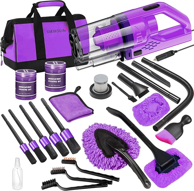 Viewsun 30 PCS Car Cleaning Kit, Purple Car Interior Detailing Kit with High Power Handheld Vacuum, Detailing Brush Set, Windshield Cleaner, Cleaning Gel, Complete Auto Accessories for Women Gift