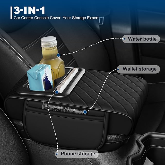 Car Center Console Cover Fit for Volkswagen Jetta Faux Leather Auto Armrest Box Cover with Cup Holder & Phone Holder Waterproof Leather Armrest Protector Cushion(Black)
