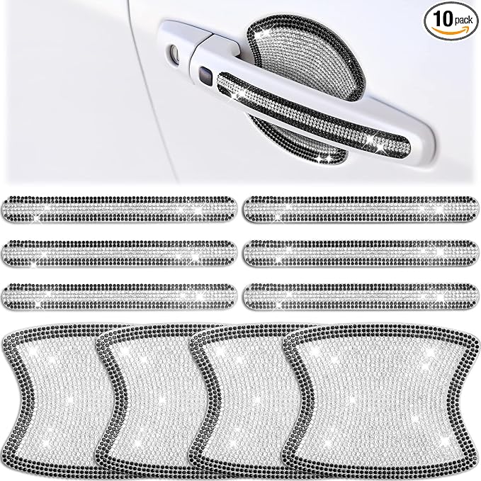 Frienda 10 Pieces Bling Car Accessories for Women Bling Car Door Handle Protector Door Handle Covers for Car Rhinestone Car Bowl Protector Accessories Women Stickers(Black White)