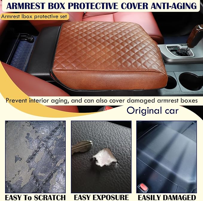 Armrest Box Cover, Center Console Armrest Cover Kit Compatible with Toyota Tundra 2007-2013 & Toyota Sequoia 2008-2015, Console Armrest Cushion Automotive Customized Console Armrest Cushion (brown)