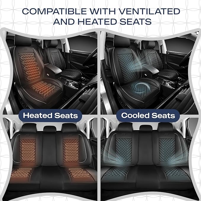 Skechers MAX Cushioning Car Seat Covers,Memory Foam Piping Leather Seat Covers,Waterproof Car Seat Protector Full Set,Car Seat Cushion Airbag Universal Fit for Most Cars,Vans,Trucks,SUV,Grey