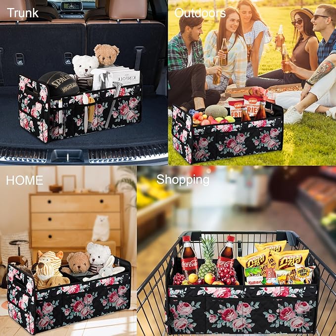 JiatuA Car Trunk Organizers and Storage for SUV, Collapsible Multi Compartment Container Box Adjustable Car Accessories for Women Men, Black Floral