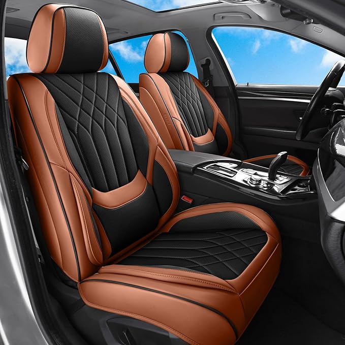GEZHOUBA Black Brown Car Seat Covers Full Set, Luxury Leather Brown Seat Covers for Front and Rear Seats Waterproof Anti-Slip Full Wrapped Universal Fit for Most 5-Seater Cars SUVs