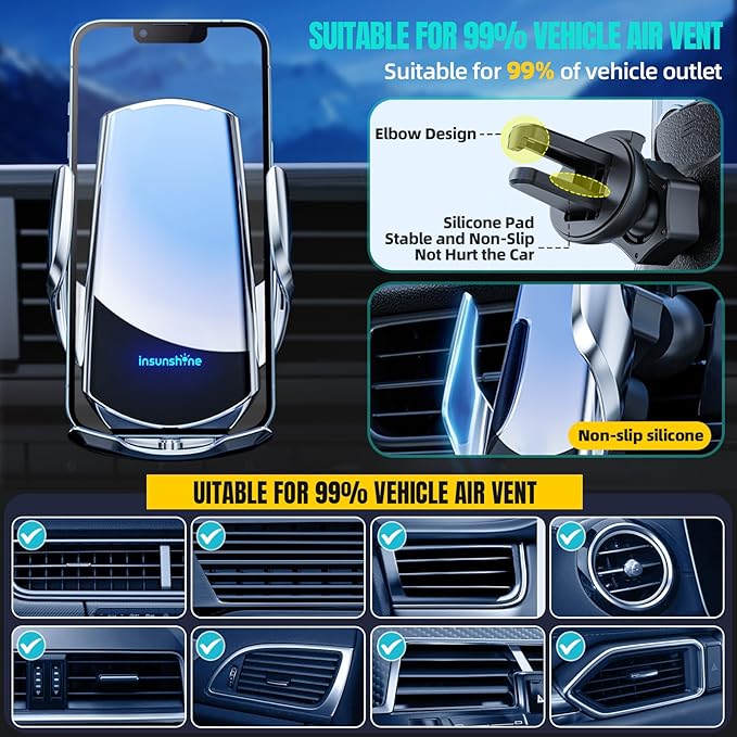 Wireless Car Charger, MAX 15W Fast Charging Auto Clamping, Sensing Phone Holder Mount, fit for iPhone 16 15 14 13 12 Pro Max Xs X, Samsung Galaxy S24 Ultra S23 S22 S21 S20 Note20 (1-Silver)