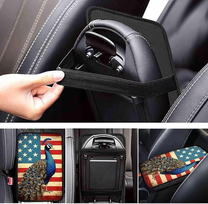 Car Center Console Pad, Universal Waterproof Car Armrest Seat Box Cover, Car Interior Accessories for Most Vehicle SUV Truck Vintage American Flag Peacock Car Armrest Pad
