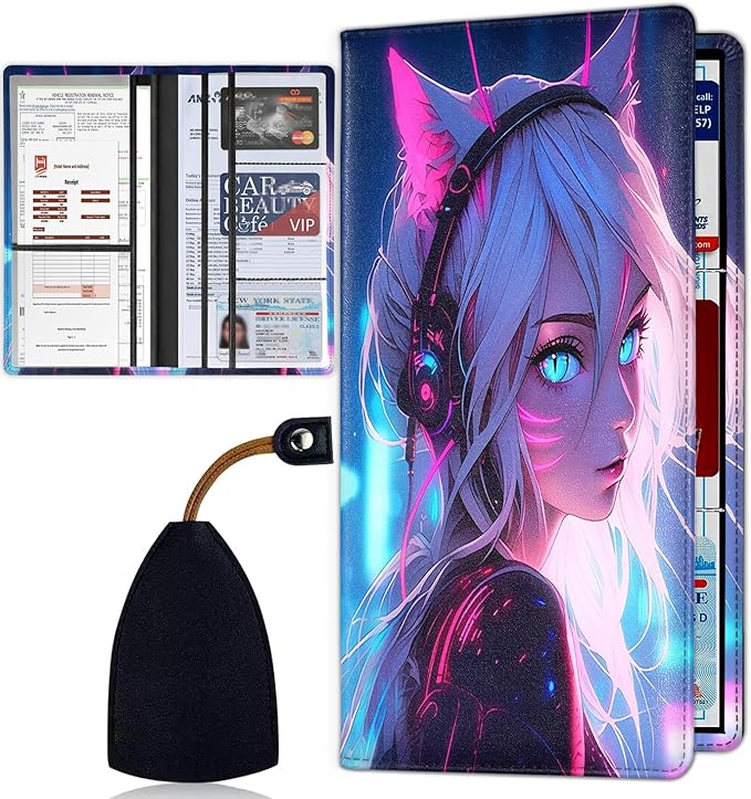 Car Registration Holder, Waterproof PU Leather Vehicle Card Document Glove Box Organizer, Women Interior Auto Accessories Case for Cards, Driver License Car Insurance Holder, Cat Girl Blue Neon Anime