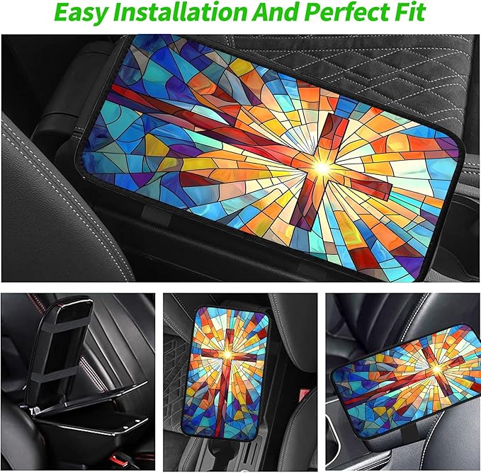 JANENFNA Car Armrest Cover Pads Universal Fashion Cute Auto Center Console Armrest Cover Pad with 2PCS Car Coasters Soft Waterproof Car Armrest Seat Protector for Women,Stained Glass Cross