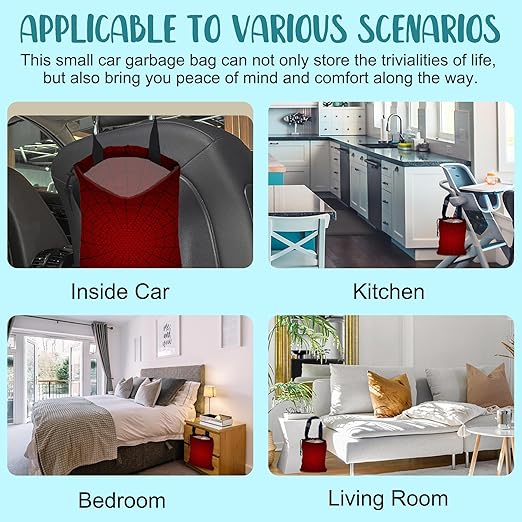 KXWQTRDD Car Garbage Bag Red Spider Web Drawstring Car Trash Bag Hanging for Back Seat with Adjustable Buckle Canvas Vehicle Trash Can Easy-to-Install