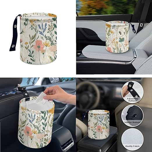 Car Trash Can with Hanging for Back Seat, Car Accessories for Women Men Automotive Garbage Cans Vehicle Trash Can for Truck SUVBoho Floral