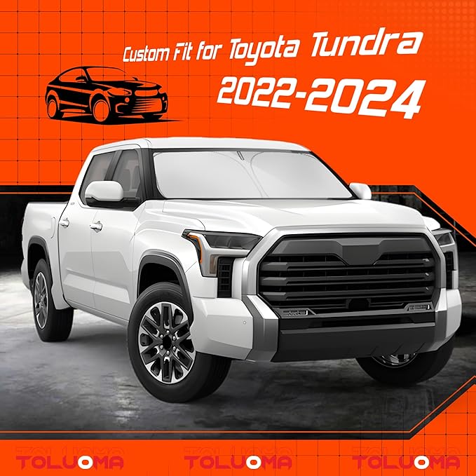 Toluoma Custom Fit Windshield Sun Shade for Toyo-ta Tundra 2022-2024 2025 - Full Coverage, 210T Reflective Fabric, Double-Layer Design - Blocks 99% UV Rays, Keeps Car Cool, Easy to Install and Store