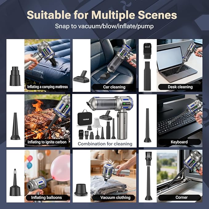 Yomile Mini Vacuum Cleaner, 2 in 1 27000PA Brushless Car Vacuum &250000RPM Air Duster 9000mAh Battery Air Blower Wireless Handheld Vacuum for Car,Office and Home