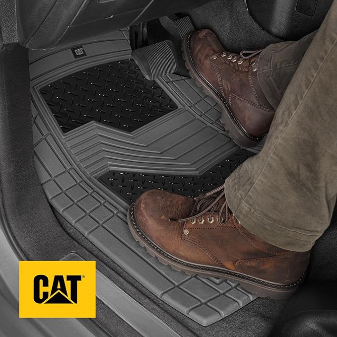 CAT® DiamondShield™ Rubber Floor Mats for Cars Trucks SUVs, All Weather Protection Front & Rear Car Mats Set, Heel Pad & Anti-Slip Backing, Universal Fit Trim-to-Fit Rubber Floor Mats for Car, Gray