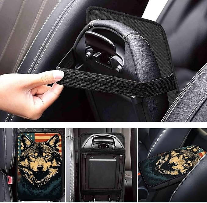 Car Center Console Pad, Universal Waterproof Car Armrest Seat Box Cover, Car Interior Accessories for Most Vehicle SUV Truck Vintage American Flag Wolf Car Armrest Pad