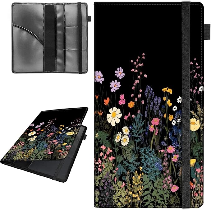 Decahouy Car Registration and Insurance Holder,Leather Vehicle Glove Box Organizer Wallet for Document,Perfect for any Car,Truck,Motorcycle,Driver License,Trailer or Boat,Men & Women,Midnight Flowers