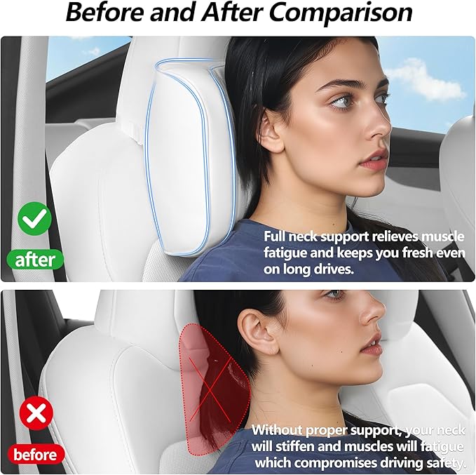 Dapucarin Car Headrest Pillow U-Shaped, Memory Foam Head Neck Support Cushion for Driving, Leather Head Rest Travel Pillows for Sleeping, Breathable Removable Cover, White, 1 Pack