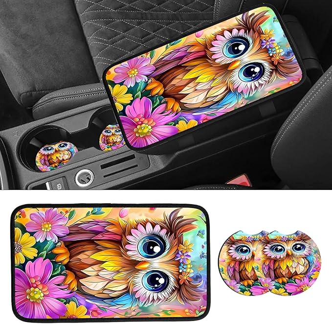 JANENFNA Car Armrest Cover Pads Universal Fashion Cute Auto Center Console Armrest Cover Pad with 2PCS Car Coasters Soft Waterproof Car Armrest Seat Protector for Women,Colorful Owl-A