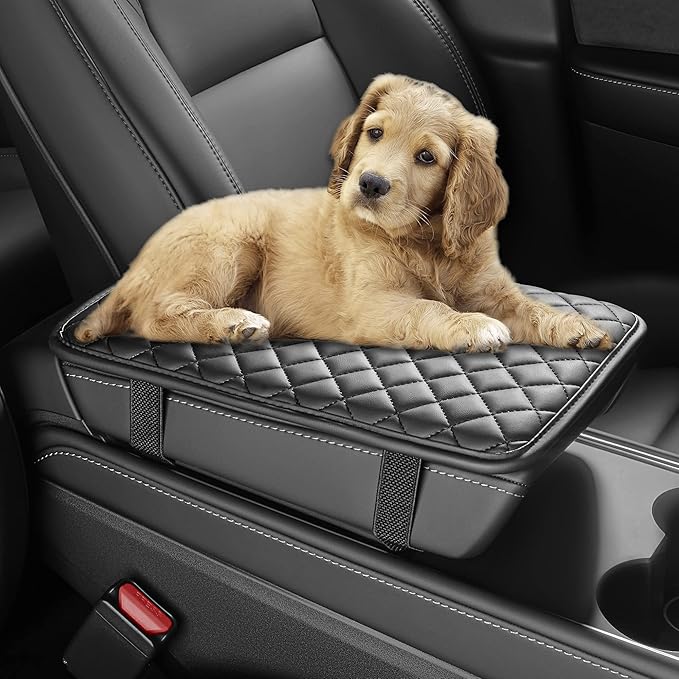 HighnessHwoo Car Armrest Covers, Vehicle Center Console Cover, Middle Storage Organizer Pads, Dog & Cat Paws Protetor, Nappa Leather, Waterproof, Anti-Slip, Auto Interior Accessories, Black, Size S