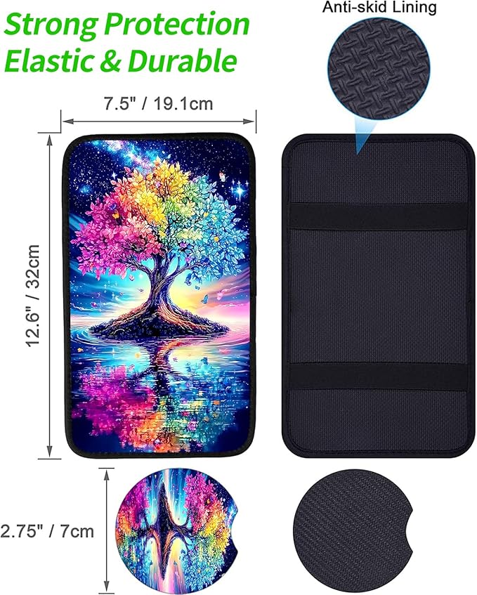JANENFNA Car Armrest Cover Pads Universal Fashion Cute Auto Center Console Armrest Cover Pad with 2PCS Car Coasters Soft Waterproof Car Armrest Seat Protector for Women,Rainbow Tree