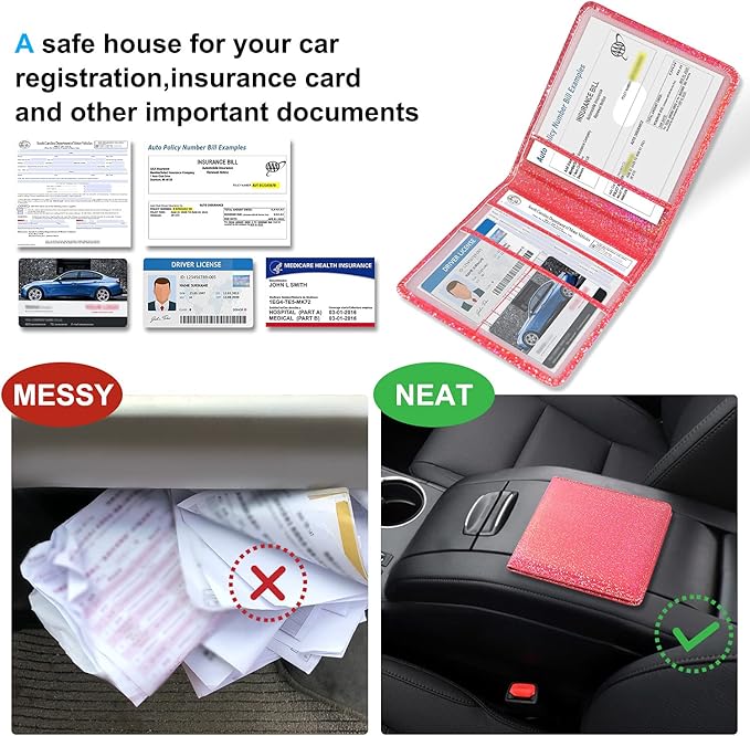 DMLuna Car Registration and Insurance Holder, Folio Leather Vehicle Card Document Glove Box Organizer, Auto Truck Compartment Accessories for Essential Information, Driver License Cards, Red Glitter