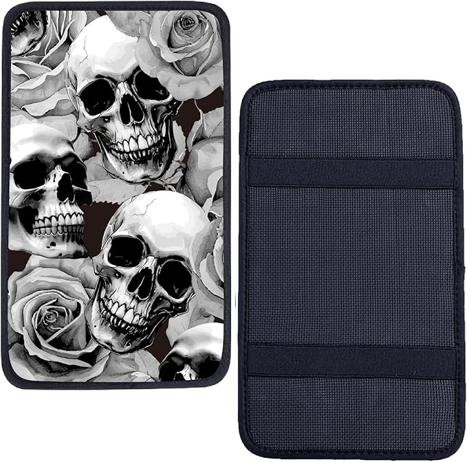 CREATCABIN Skull Auto Center Console Cover Car Armrest Pad Auto Armrest Storage Box Pad Soft Anti-Slip Lines Waterproof Car Accessories Interior with Elastic Band for Vehicle SUV Truck 12.6×7.5in