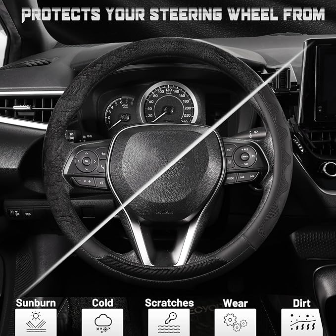 SEG Direct Car Steering Wheel Cover Medium Size 14 1/2"-15" Embossed Microfiber Leather with Carbon Fiber Pattern Black