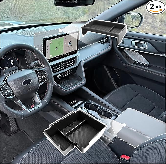 SXCY 2PCS for 2025 2026 Ford Explorer Screen Back Tray + Center Console Organizer for Ford Explorer 2025 2026 Accessories for 2025 2026 Ford Explorer Dashboard Organizer 26 Explorer Accessories(Black)