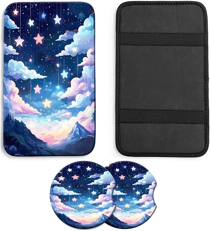 JANENFNA Car Armrest Cover Pads Universal Fashion Cute Auto Center Console Armrest Cover Pad with 2PCS Car Coasters Soft Waterproof Car Armrest Seat Protector for Women,Colorful Nebula