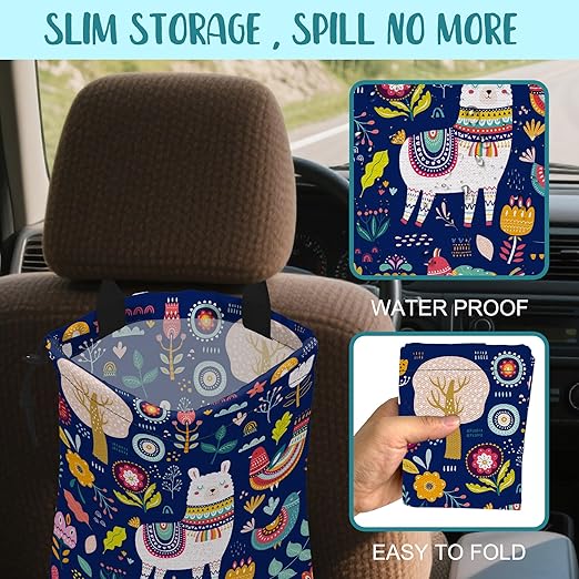 KXWQTRDD Car Garbage Bag Colorful Llama Flowers and Birds Hanging Canvas Car Trash Bag Waterproof Drawstring Car Back Seat Organizer for Car Back Front Seat Console with Adjustable Buckle