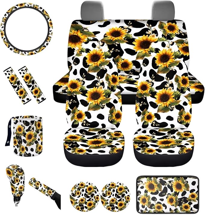 Dngkaoje Sunflower Cow Print Car Seat Cover Full Set for Front and Back,13 Pcs Sunflower Automotive Accessories Set Cute Cow Print Armrest Cover Protector, Seat Belt Pads,Handbrake Shift Covers