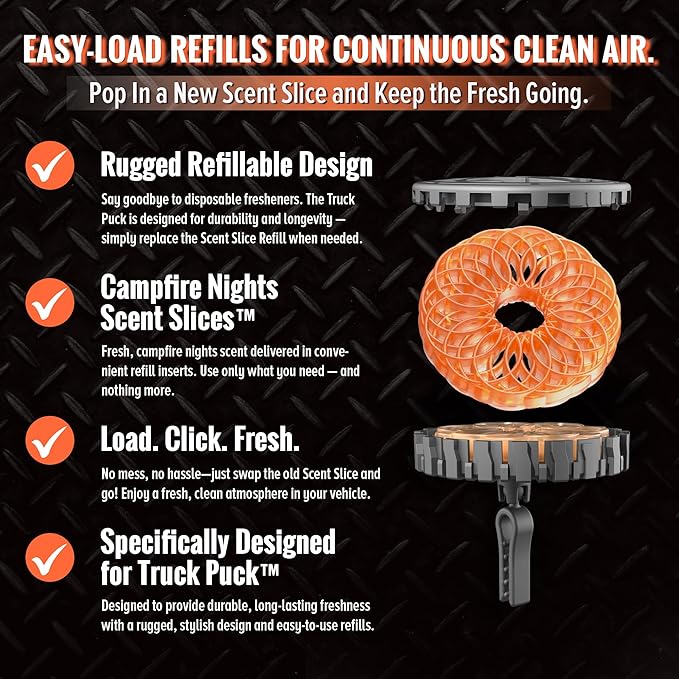 Drive Time Truck Puck Refill - Campfire Nights Fragrance Premium Long-Lasting Car Air Freshener, Odor Eliminator/Deodorizer