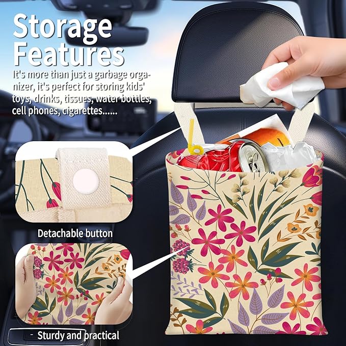BEAKND Hanging Car Garbage Bag, Cute Car Trash Can Bag, Automotive Accessories for Women Men Cute Colorful Floral