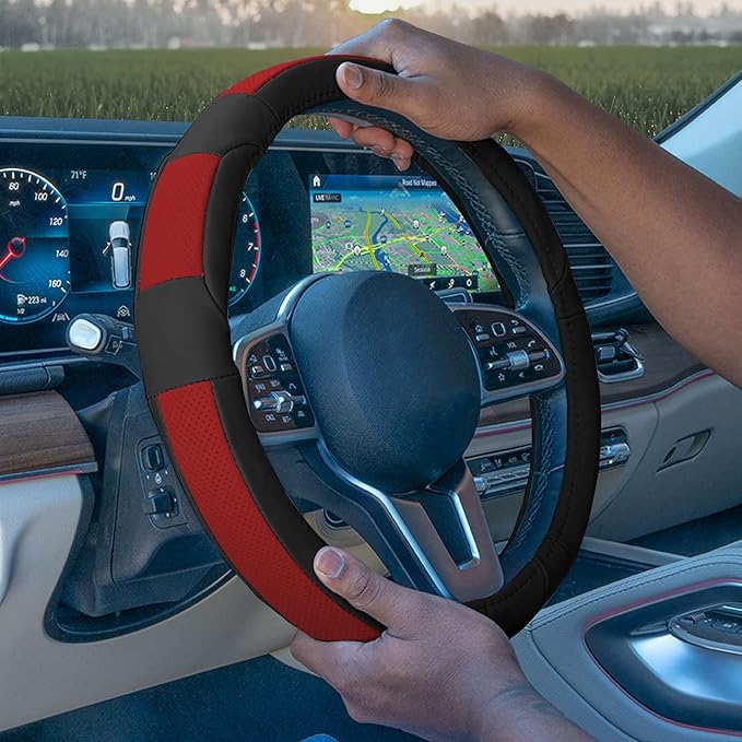 FH Group Universal Fit Deluxe Full Grain Authentic Leather Red Steering Wheel Cover Fits Most Cars, SUVs