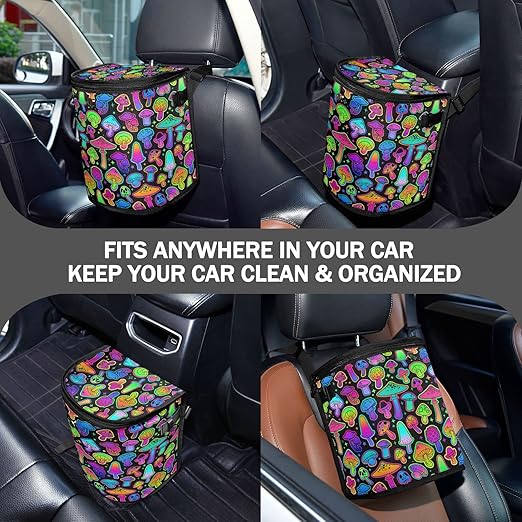 Colorful Mushrooms Rainbow Star Car Trash Can Car Garbage Bag with Lid Hanging Waterproof Leak Proof Vehicle Storage Bin