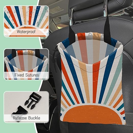 NHNXHWIA Retro Sunburst Car Garbage Bag,Colourful Sunrise Waterproof Small Car Trash Bag Hanging Back of Seat,Drawstring Hanging Car Trash Bag with Adjustable Buckle for Car Accessories