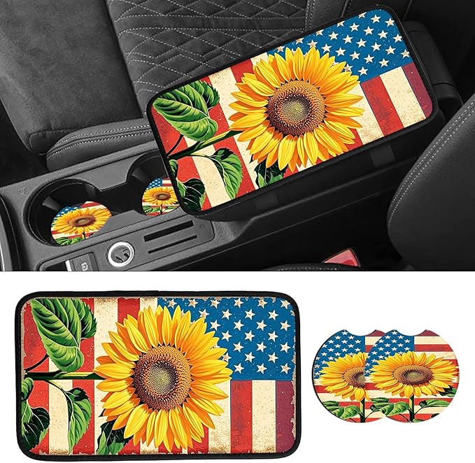 JANENFNA Car Armrest Cover Pads Universal Fashion Cute Auto Center Console Armrest Cover Pad with 2PCS Car Coasters Soft Waterproof Car Armrest Seat Protector for Women,Flag Sunflower