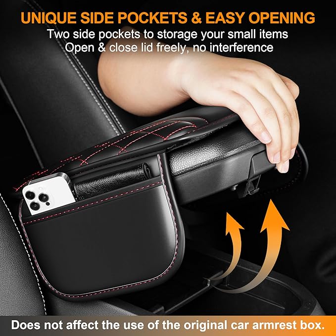 Car Center Console Cover Fit for Jeep Grand Cherokee - Leather Armrest Covers with 2 Storage Pockets(Black&Red)