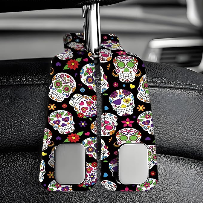 AXBSAKDI Car Seat Back Storage Headrest Hook, Premium Leather Double Metal Hook, Hanger Storage Organizer for Purse Cloth Bag, Car Interior Accessories Luxury Flower Skull