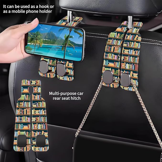 Purse Hook for Car Vintage Bookshelve Library Bookcase 1 Pack Headrest Back Seat Hook Premium Leather Double Metal Hanger Storage Pack Bag Purse Holder Car Accessories